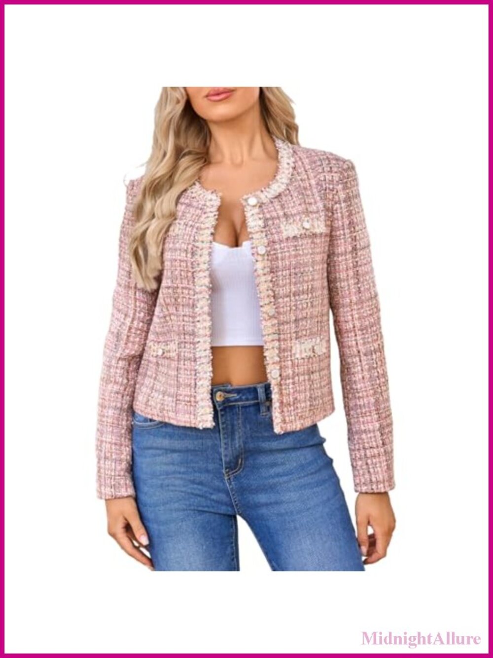 Tweed Cropped Blazer Lace Trim Plaid Business Casual Work Jacket